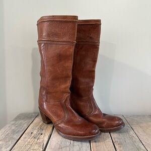 Frye Jean Tall Pull On Boot Stacked Heel Size 11 in Camel / Chestnut
